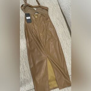 Camel midi faux leather dress